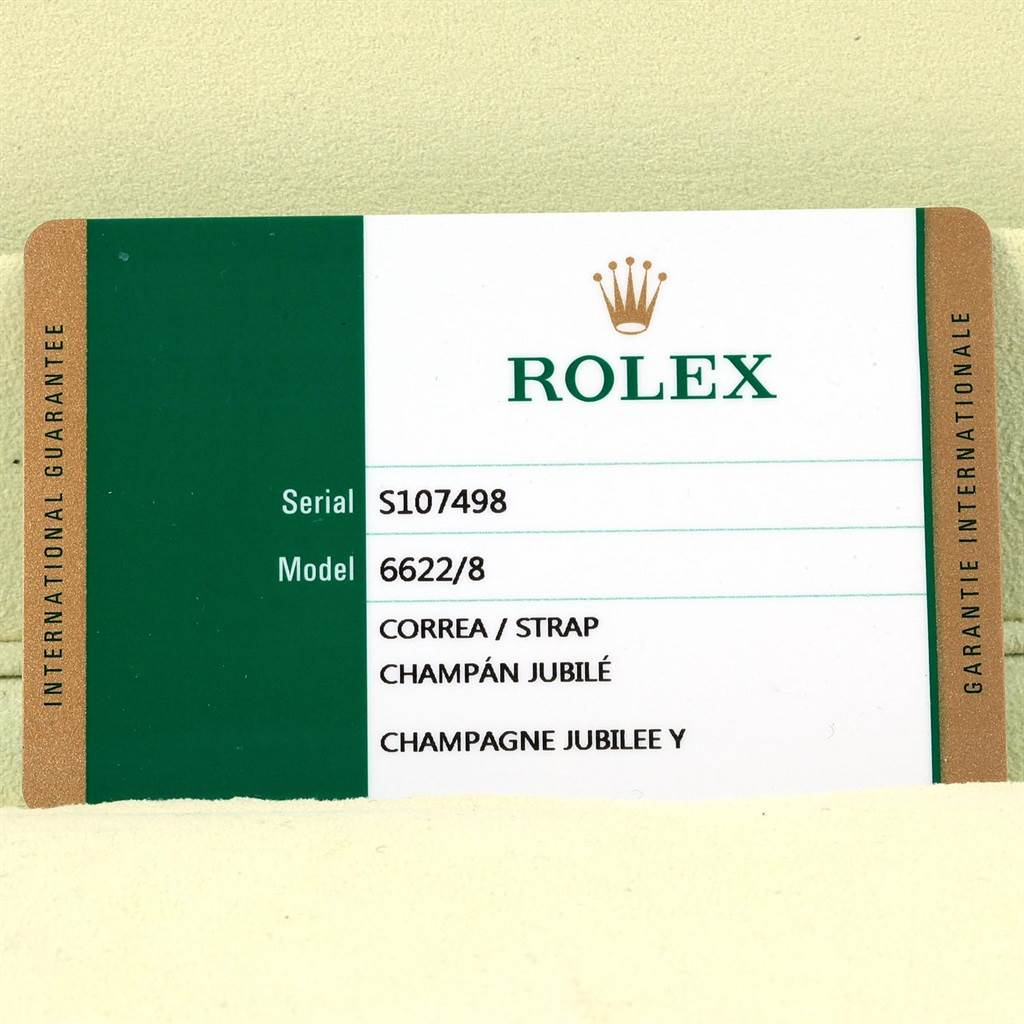 The image shows the guarantee card for the Rolex Cellini 6622 Women's Yellow Gold Champagne Dial 6622 Women's Yellow Gold Champagne Dial model 6622/8, detailing its serial number and the strap type.