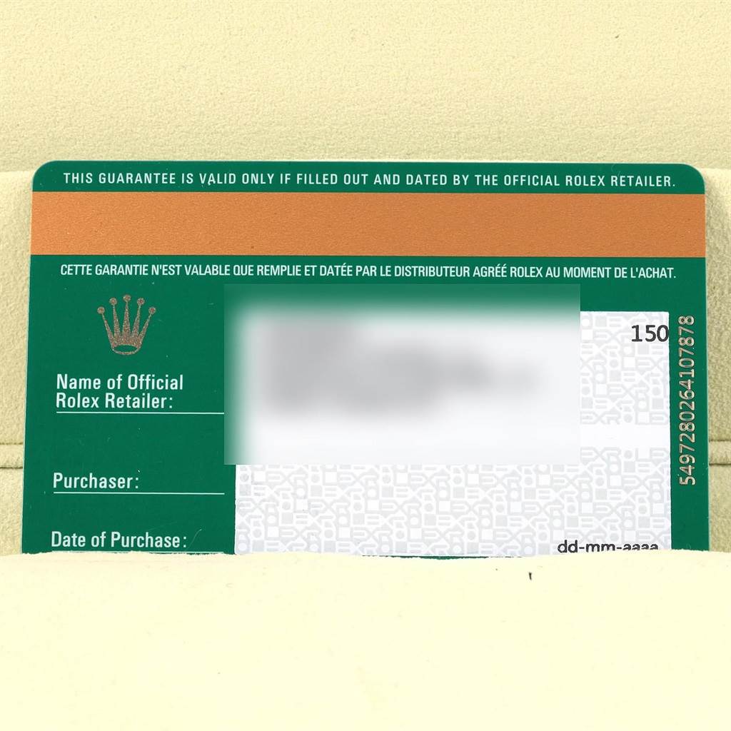 This image shows the guarantee card for the Rolex Cellini 6622 Women's Yellow Gold Champagne Dial 6622 Women's Yellow Gold Champagne Dial watch, featuring fields for retailer, purchaser, and date of purchase.