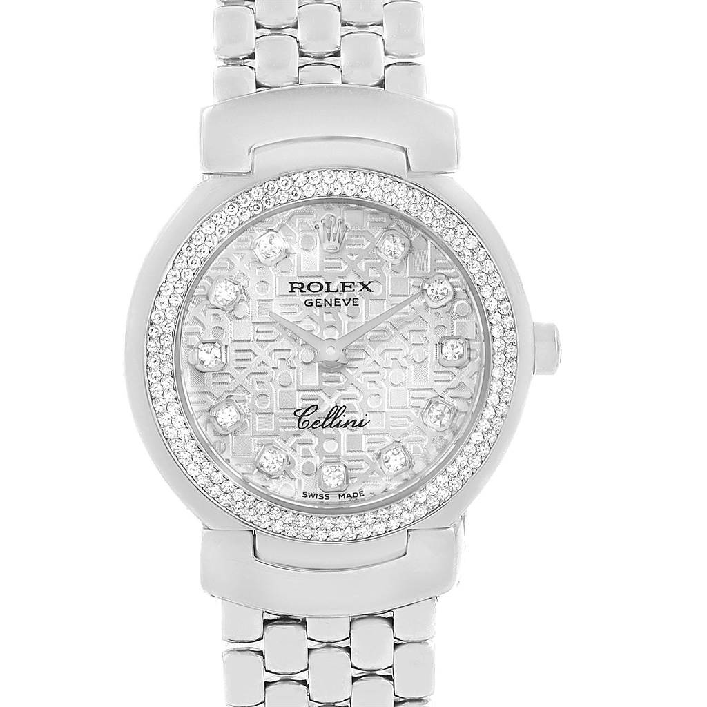 A Rolex Cellini 6671 Women's White Gold Silver Dial 6671 Women's White Gold Silver Dial watch is shown from a top-down angle, displaying the dial, bezel, crown, and part of the metal bracelet.