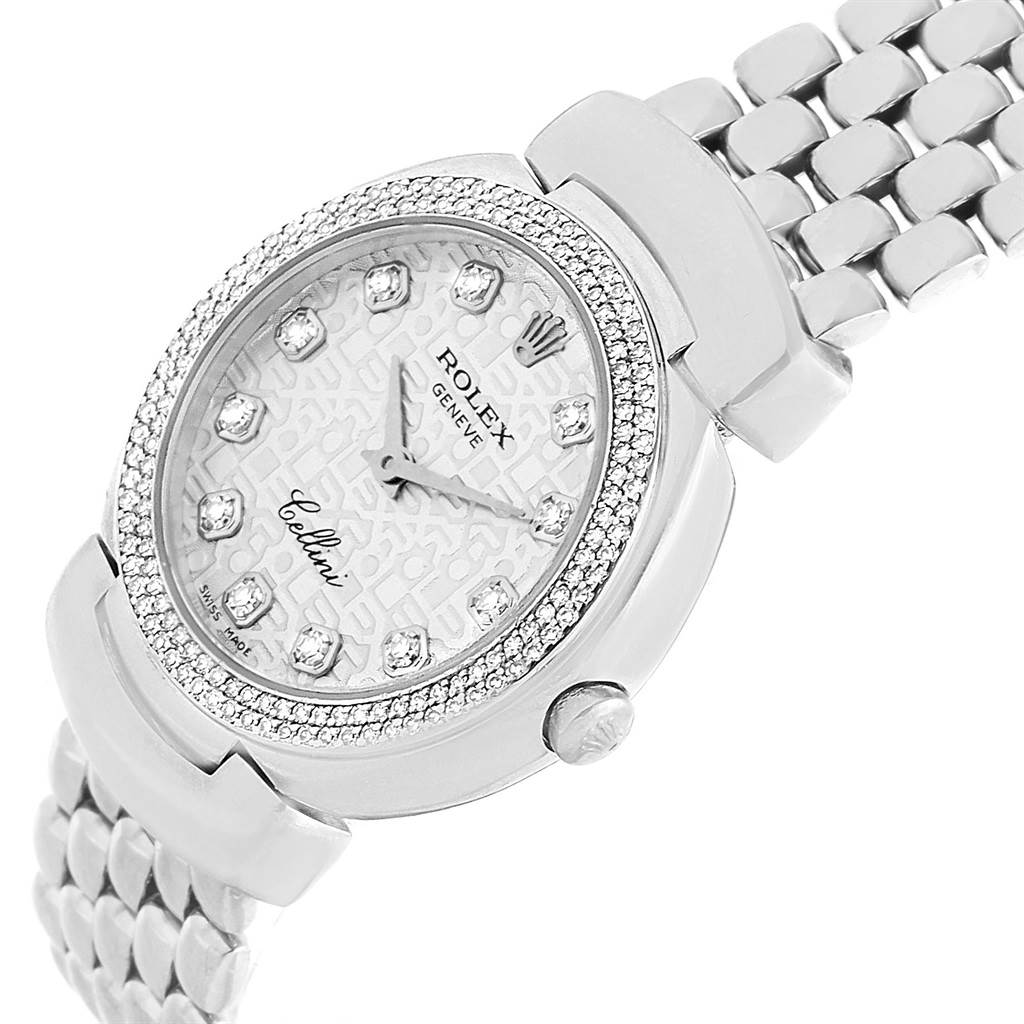 This Rolex Cellini 6671 Women's White Gold Silver Dial 6671 Women's White Gold Silver Dial watch is shown from an angled top view, highlighting its face, dial, crown, and part of the bracelet.