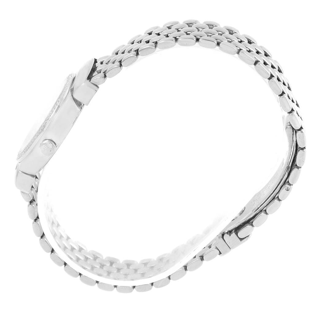 The image shows a side angle of a Rolex Cellini 6671 Women's White Gold Silver Dial 6671 Women's White Gold Silver Dial watch focusing on its case and metal bracelet.