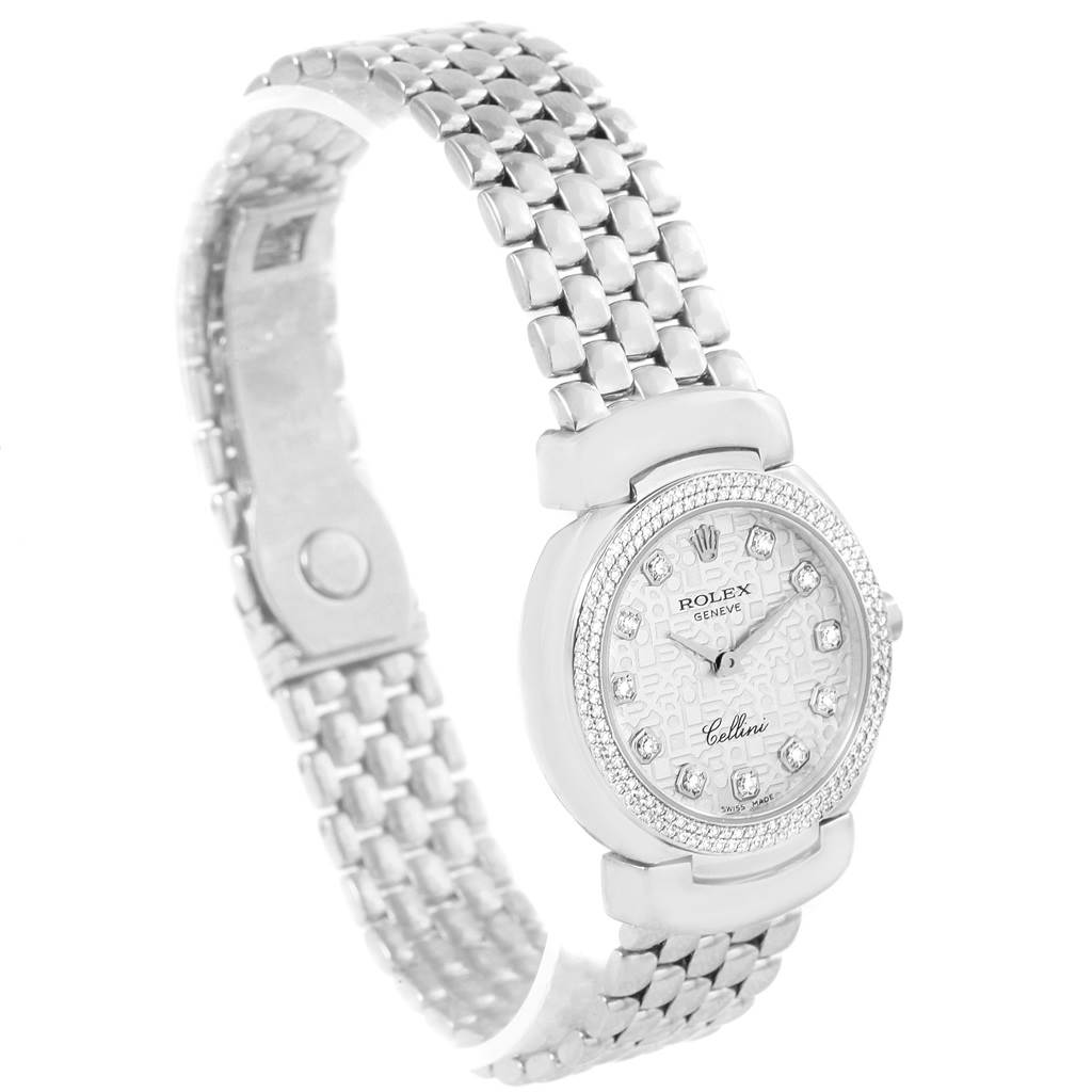 This image shows a Rolex Cellini 6671 Women's White Gold Silver Dial 6671 Women's White Gold Silver Dial watch at an angled view, highlighting the dial, bezel, and metal strap.