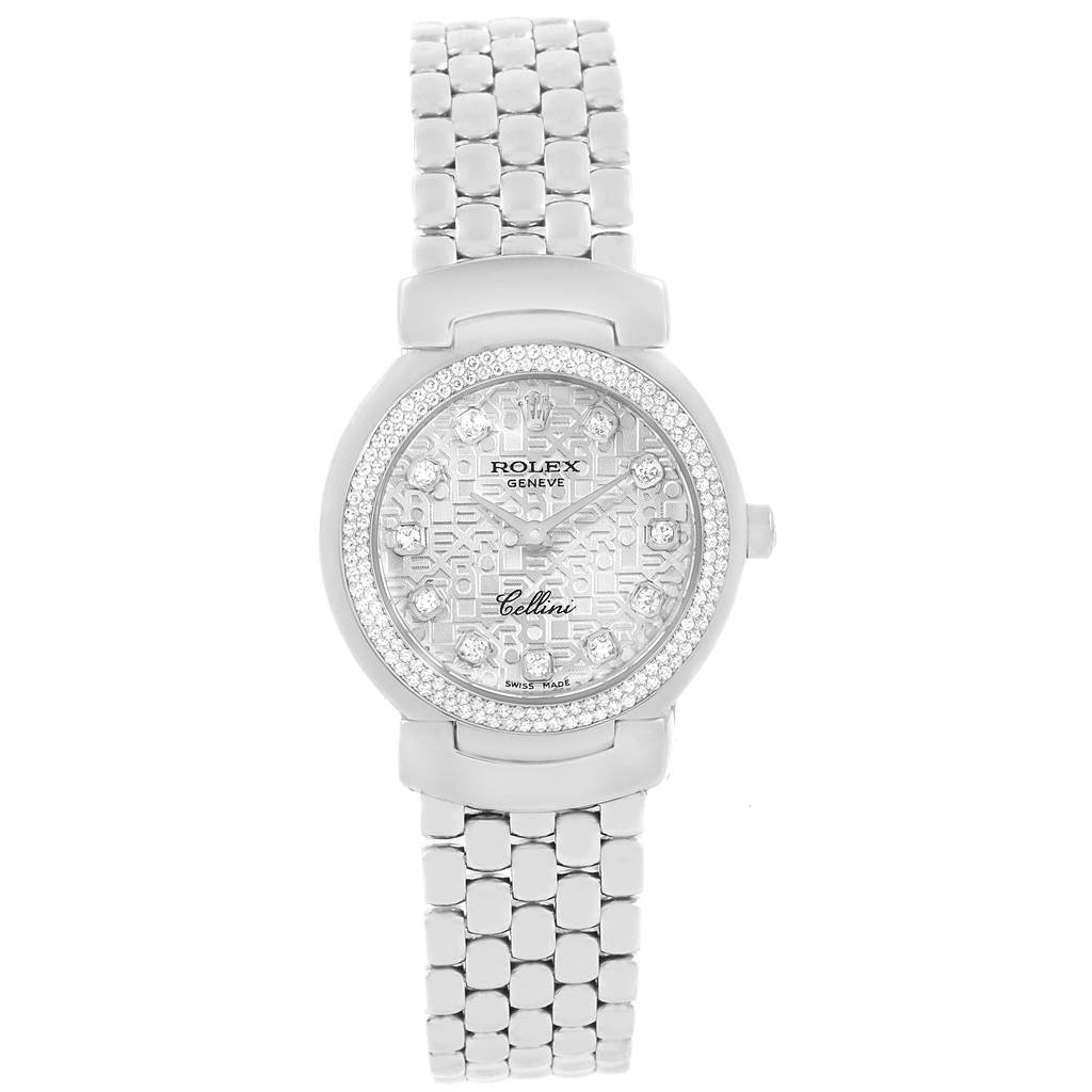 The image shows a front view of a Rolex Cellini 6671 Women's White Gold Silver Dial 6671 Women's White Gold Silver Dial watch, displaying its dial, bezel, case, and bracelet.