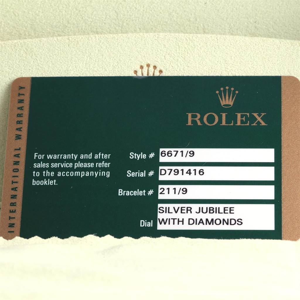 This image shows the international warranty card for a Rolex Cellini 6671 Women's White Gold Silver Dial 6671 Women's White Gold Silver Dial model, detailing its style, serial, bracelet, and dial.