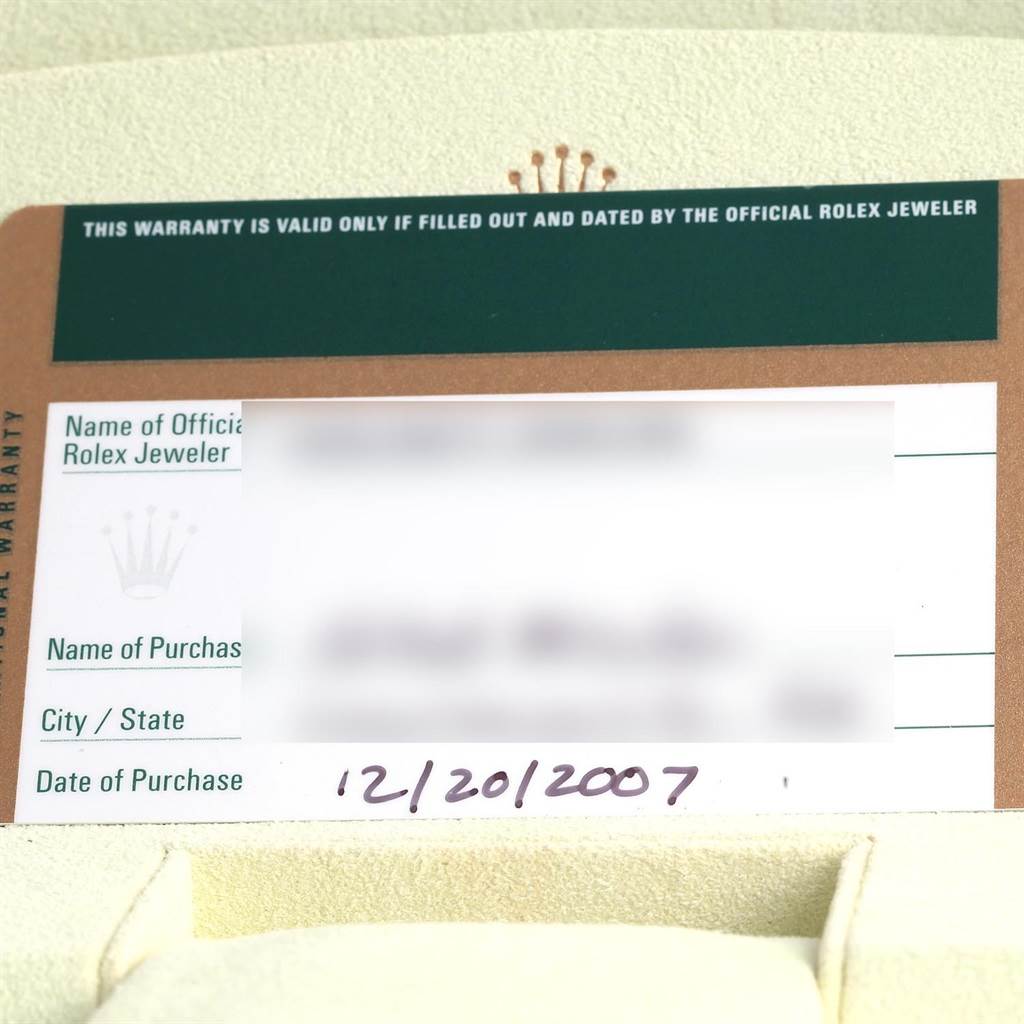 This image shows a warranty card for the Rolex Cellini 6671 Women's White Gold Silver Dial 6671 Women's White Gold Silver Dial model, displaying purchase details and dealer information.