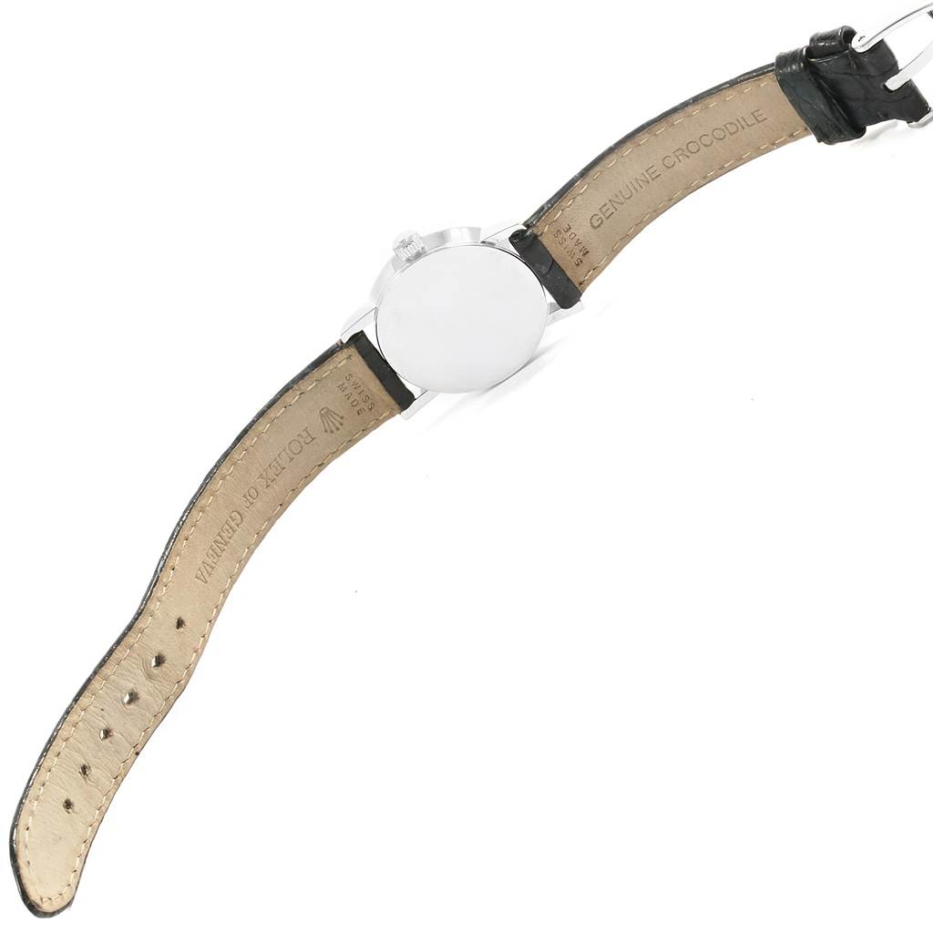 The image shows the back and strap of a Rolex Cellini 6110 Women's White Gold Silver Dial 6110 Women's White Gold Silver Dial watch laid flat, revealing a genuine crocodile leather band.