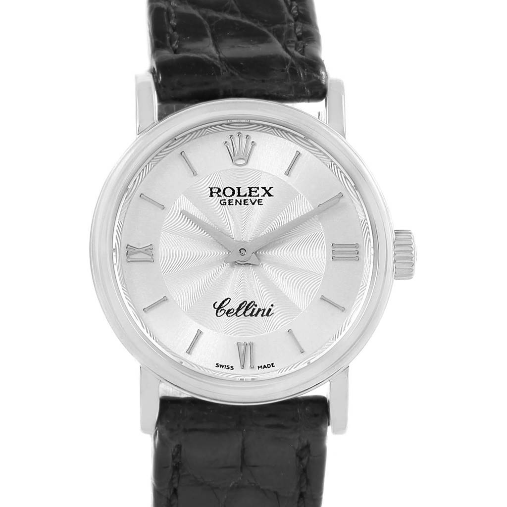 The Rolex Cellini 6110 Women's White Gold Silver Dial 6110 Women's White Gold Silver Dial watch is shown from the front, displaying the dial, bezel, crown, and leather strap.