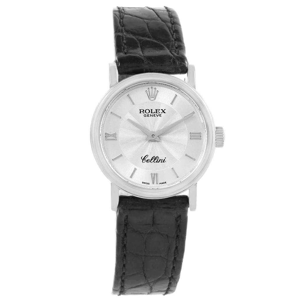 The image shows a front view of a Rolex Cellini 6110 Women's White Gold Silver Dial 6110 Women's White Gold Silver Dial watch, featuring its dial, hands, case, and black leather strap.