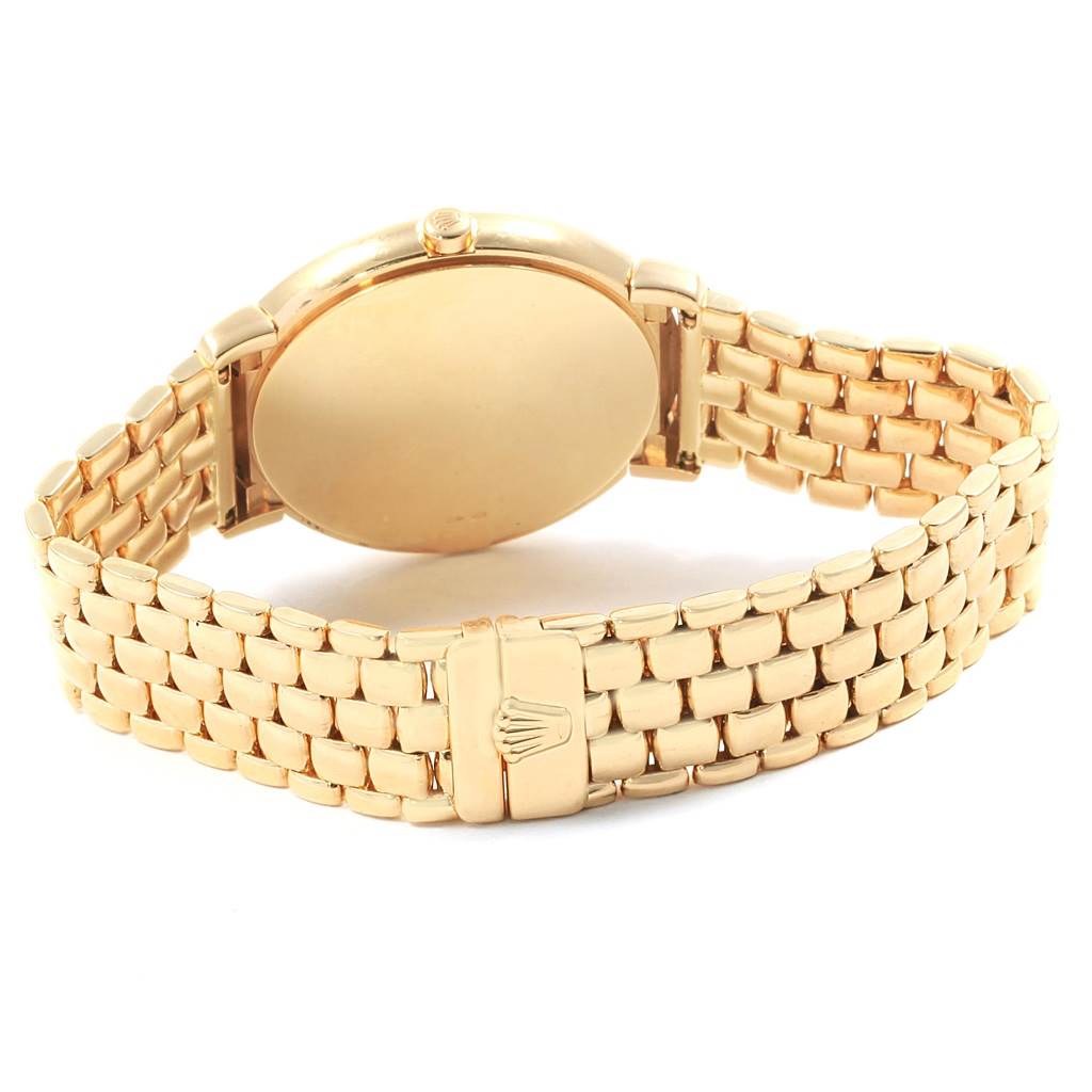 This image shows the back of a Rolex Cellini 6622 Women's Yellow Gold White Dial 6622 Women's Yellow Gold White Dial watch, highlighting its gold bracelet and clasp.