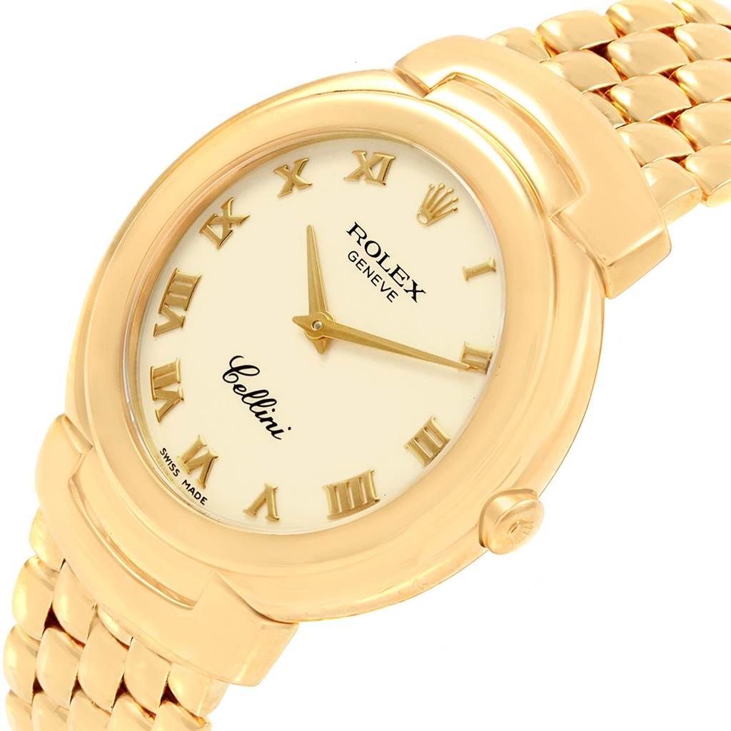 This image shows a Rolex Cellini 6622 Women's Yellow Gold White Dial 6622 Women's Yellow Gold White Dial watch at an angle, highlighting its gold case, dial, Roman numerals, and part of the bracelet.