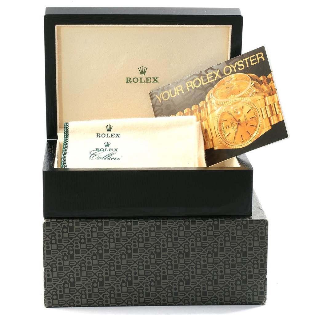 The image shows a Rolex Cellini 6622 Women's Yellow Gold White Dial 6622 Women's Yellow Gold White Dial model box with a Rolex cleaning cloth and an information booklet.