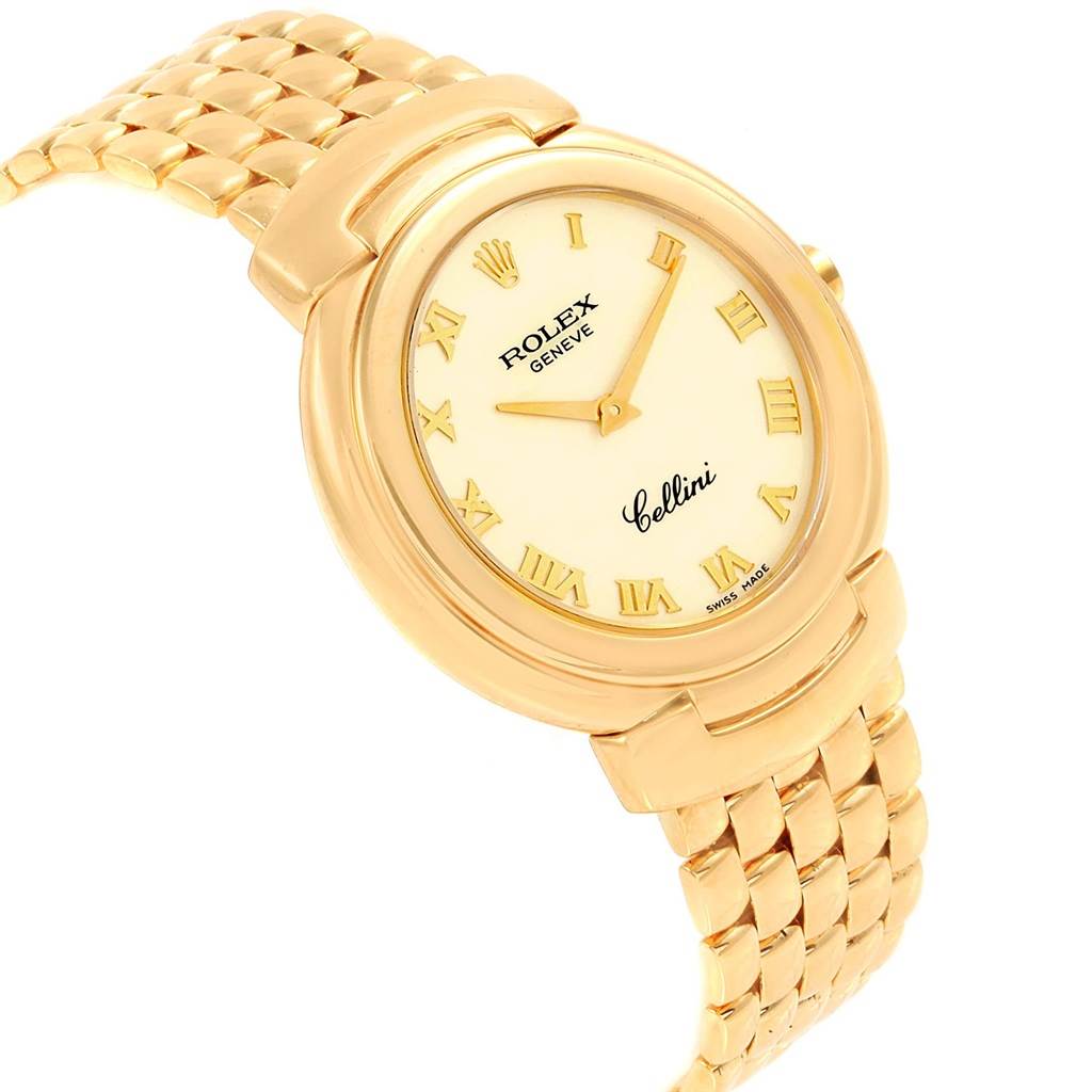 This image shows a Rolex Cellini 6622 Women's Yellow Gold White Dial 6622 Women's Yellow Gold White Dial model watch at an angled view, featuring its gold face, Roman numeral markers, and gold bracelet.