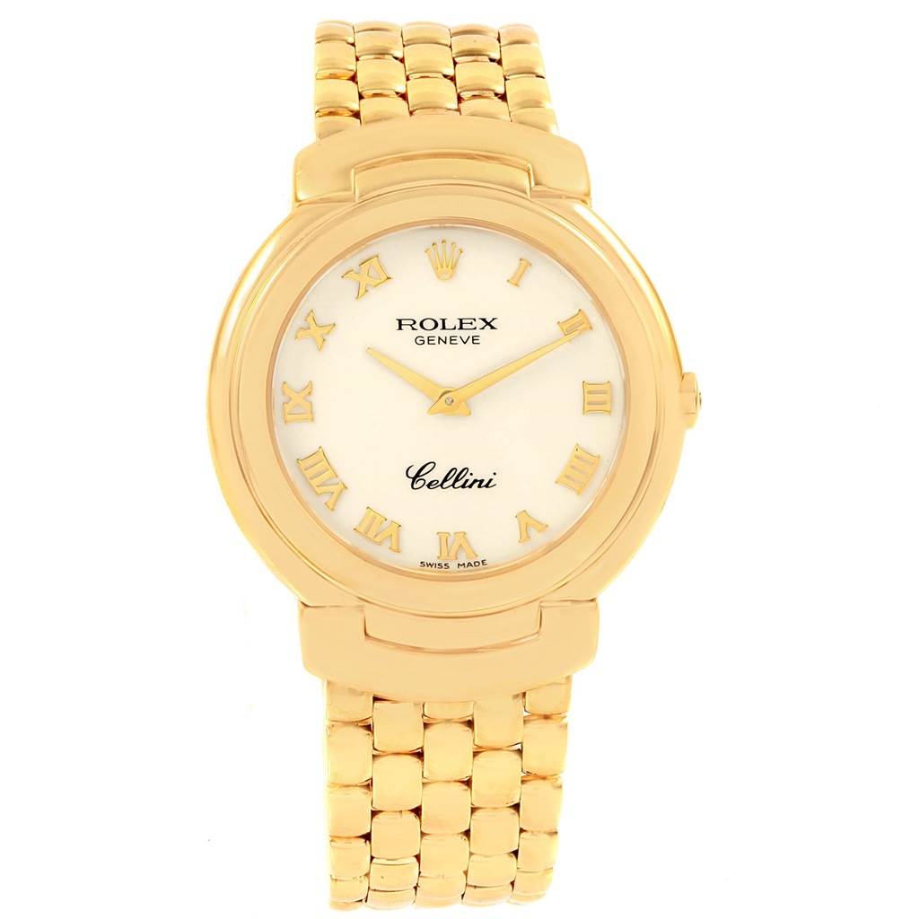 This image shows a front view of the Rolex Cellini 6622 Women's Yellow Gold White Dial 6622 Women's Yellow Gold White Dial model watch, highlighting its gold Roman numeral dial and gold bracelet.