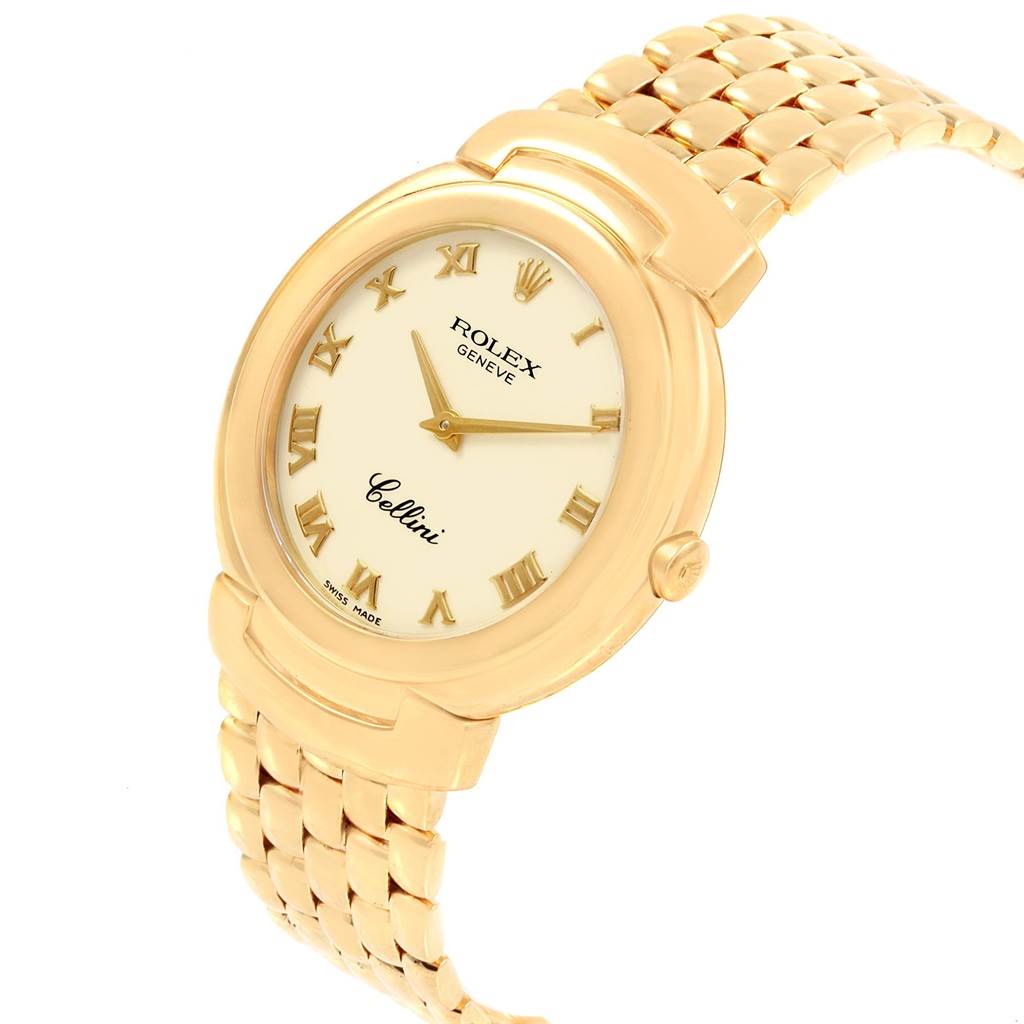The image shows a Rolex Cellini 6622 Women's Yellow Gold White Dial 6622 Women's Yellow Gold White Dial watch from an angled view, highlighting the dial, bezel, and gold bracelet.