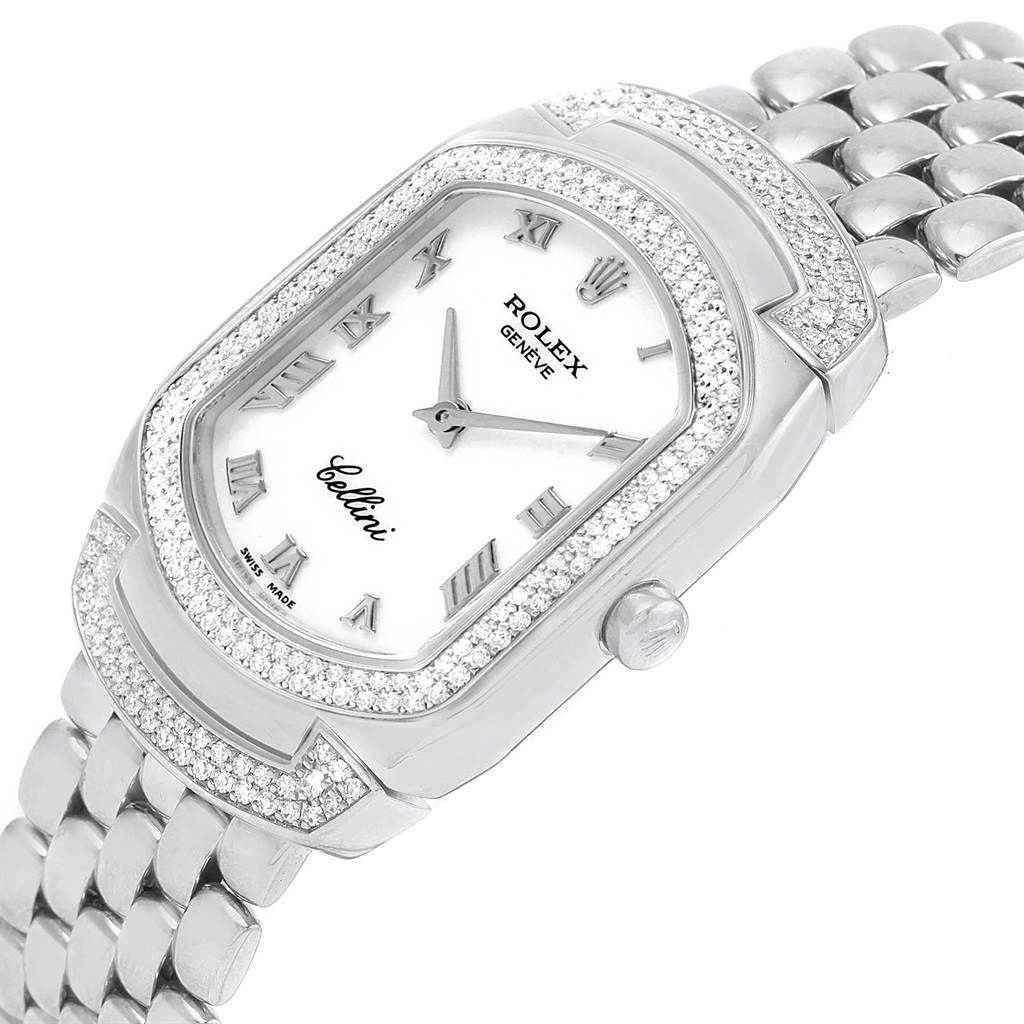 This is a Rolex Cellini 6693 Women's White Gold White Dial 6693 Women's White Gold White Dial watch shown from an angled view, displaying the face, bezel, crown, and part of the bracelet.
