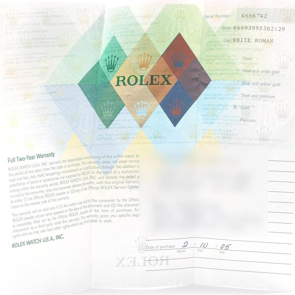 This image shows the warranty card for a Rolex Cellini 6693 Women's White Gold White Dial 6693 Women's White Gold White Dial model, displaying the terms, serial number, style, and purchase date.