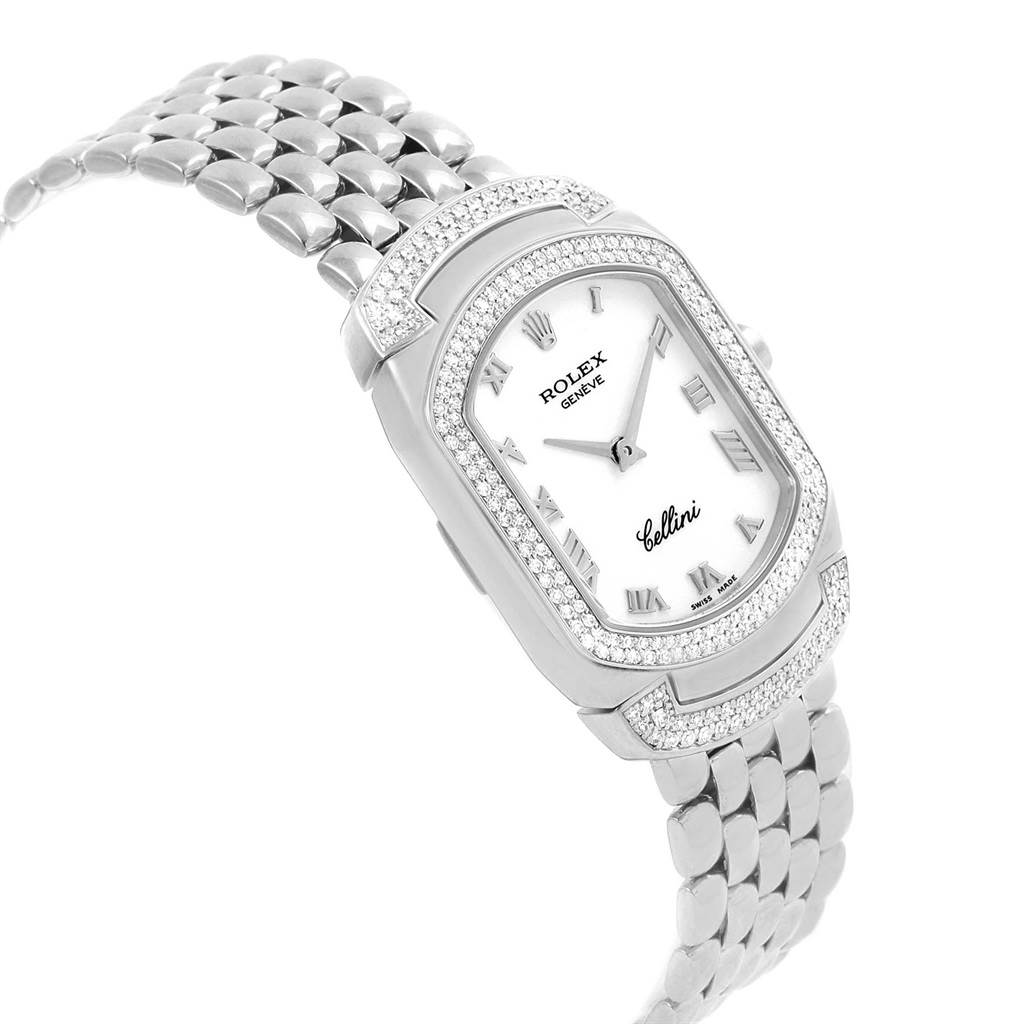 The image shows a Rolex Cellini 6693 Women's White Gold White Dial 6693 Women's White Gold White Dial watch from a top angle, highlighting the dial, bezel, and bracelet.