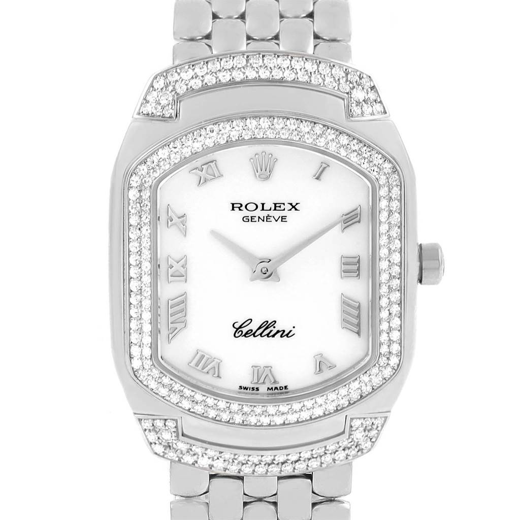 Front view of the Rolex Cellini 6693 Women's White Gold White Dial 6693 Women's White Gold White Dial watch, showcasing its white dial with Roman numerals, diamond bezel, and metal bracelet.