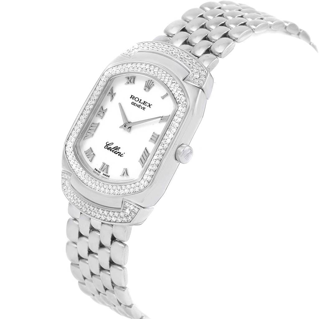 The Rolex Cellini 6693 Women's White Gold White Dial 6693 Women's White Gold White Dial watch is shown at a three-quarter angle displaying its face, bezel, crown, and metal bracelet.