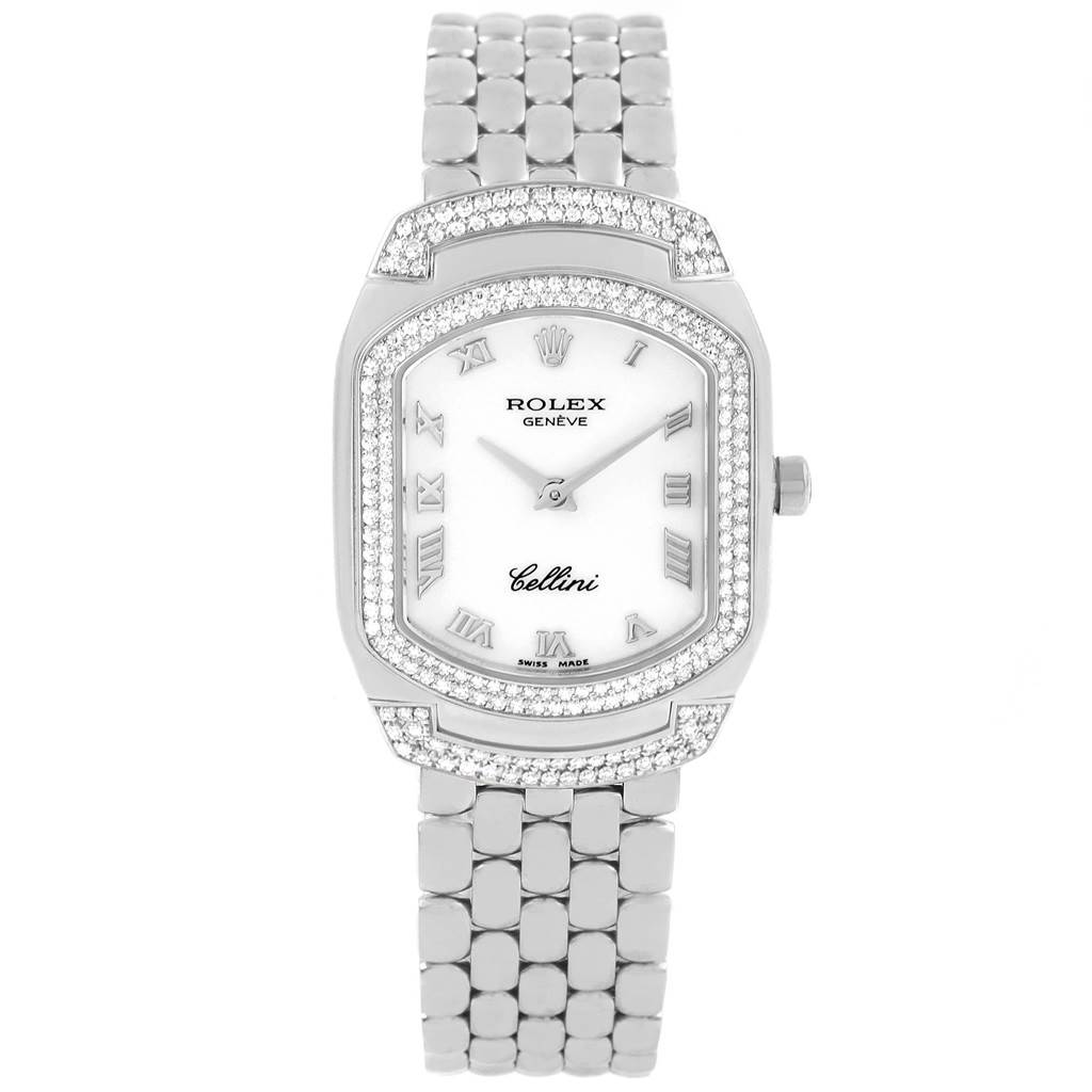 The image shows a Rolex Cellini 6693 Women's White Gold White Dial 6693 Women's White Gold White Dial watch from a front angle, featuring its dial, case, and bracelet.