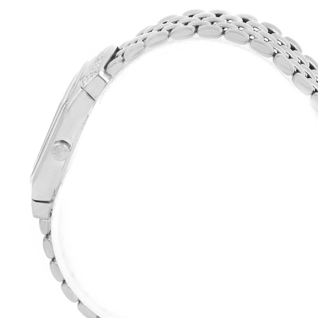 This side view shows the bracelet, clasp, and case of a Rolex Cellini 6693 Women's White Gold White Dial 6693 Women's White Gold White Dial watch.