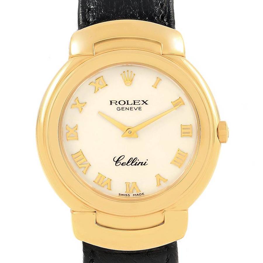 Rolex Cellini 18k Yellow Gold White Dial Black Strap Ladies Watch 6622 SwissWatchExpo