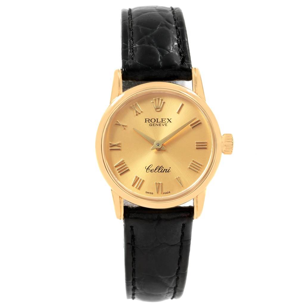 The image shows a frontal view of a Rolex Cellini 6111 Women's Yellow Gold Champagne Dial 6111 Women's Yellow Gold Champagne Dial watch, highlighting the face, dial, crown, and black leather strap.