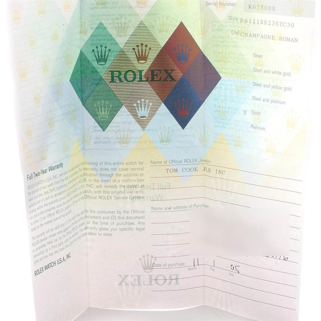 The image shows a warranty card for the Rolex Cellini 6111 Women's Yellow Gold Champagne Dial 6111 Women's Yellow Gold Champagne Dial model, not the watch itself.