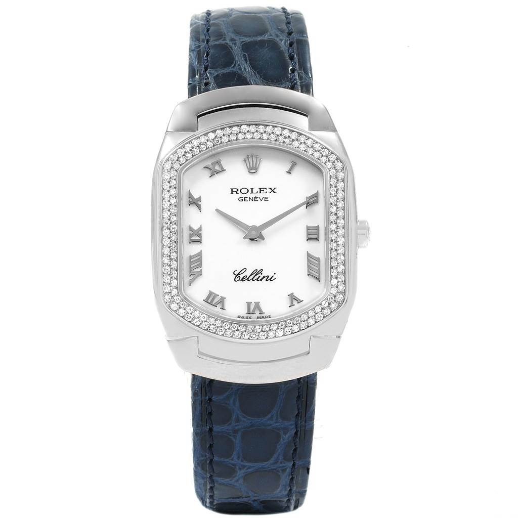 This image shows a frontal view of a Rolex Cellini 6691 Women's White Gold White Dial 6691 Women's White Gold White Dial model watch with a white dial, Roman numerals, and a dark blue leather strap.