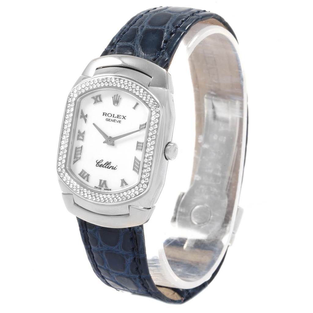 The Rolex Cellini 6691 Women's White Gold White Dial 6691 Women's White Gold White Dial watch is shown at a slight angle, featuring the face, bezel, crown, and strap.