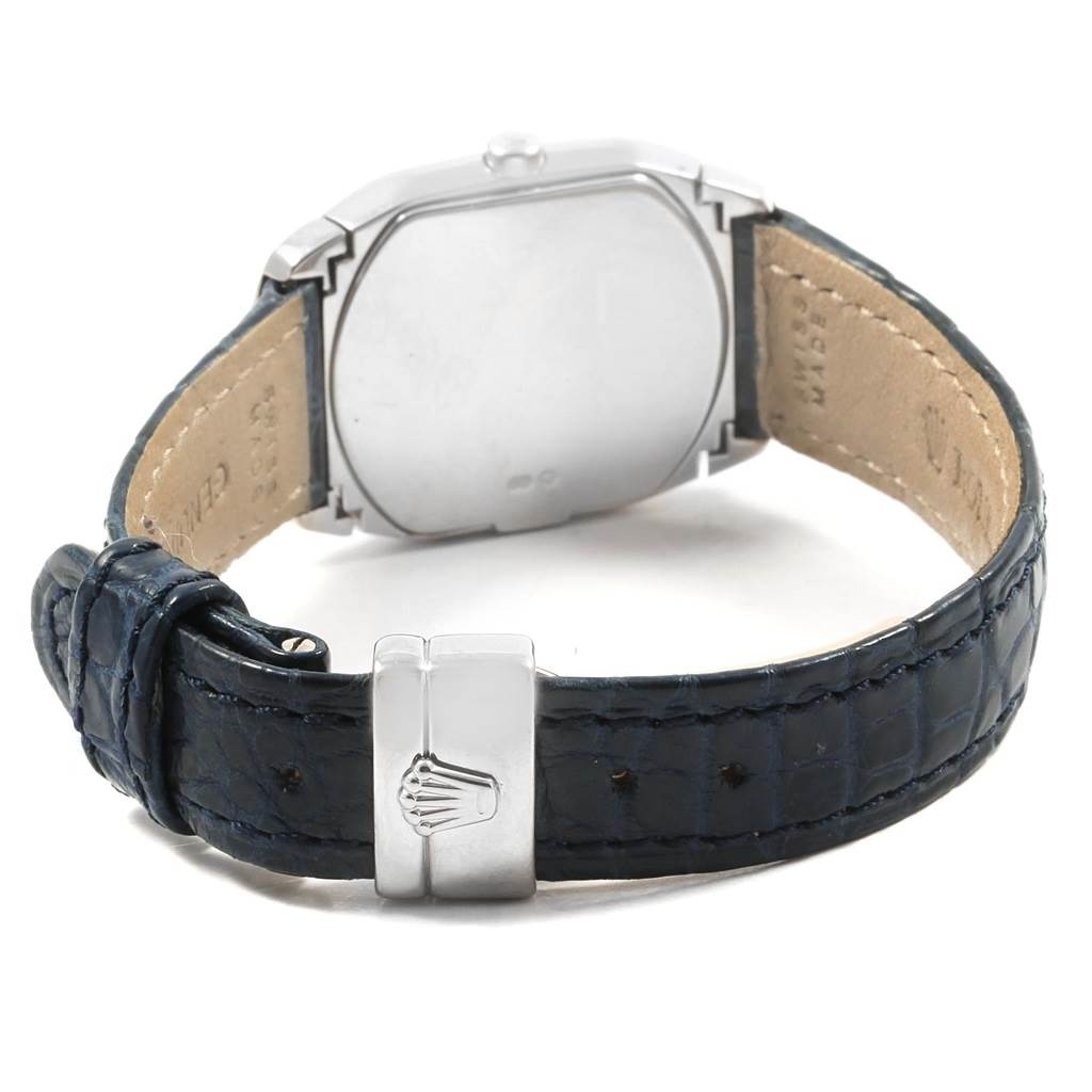The image shows the back and clasp of a Rolex Cellini 6691 Women's White Gold White Dial 6691 Women's White Gold White Dial watch with a blue leather strap and silver clasp.