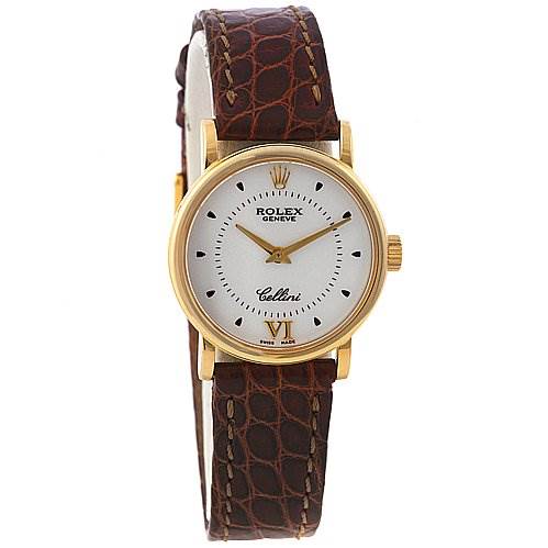 The image shows a front view of a Rolex Cellini 6110 Women's Yellow Gold Silver Dial 6110 Women's Yellow Gold Silver Dial watch, displaying the face, dial, gold case, crown, and brown leather strap.