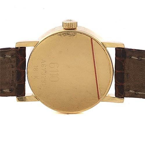 This image shows the back case and strap lugs of a Rolex Cellini 6110 Women's Yellow Gold Silver Dial 6110 Women's Yellow Gold Silver Dial watch, viewed straight on from the rear.