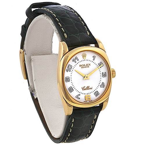 The image shows a Rolex Cellini 6229 Women's Yellow Gold White Dial 6229 Women's Yellow Gold White Dial model watch at a slight side angle, displaying the face, bezel, crown, and leather strap.