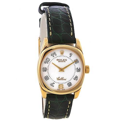 The image shows a front view of a Rolex Cellini 6229 Women's Yellow Gold White Dial 6229 Women's Yellow Gold White Dial watch, highlighting its gold case, white dial with Arabic numerals, and black leather strap.