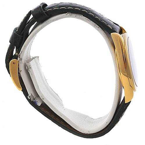 This image shows a side view of a Rolex Cellini 6229 Women's Yellow Gold White Dial 6229 Women's Yellow Gold White Dial watch, highlighting the leather strap and gold case.