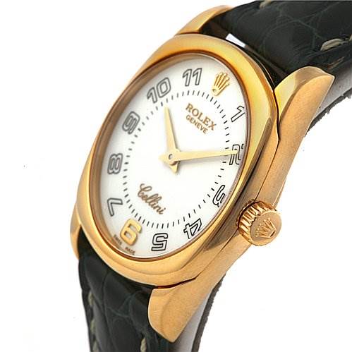 The image shows a Rolex Cellini 6229 Women's Yellow Gold White Dial 6229 Women's Yellow Gold White Dial model watch from a front angle, highlighting the dial, case, and part of the leather strap.