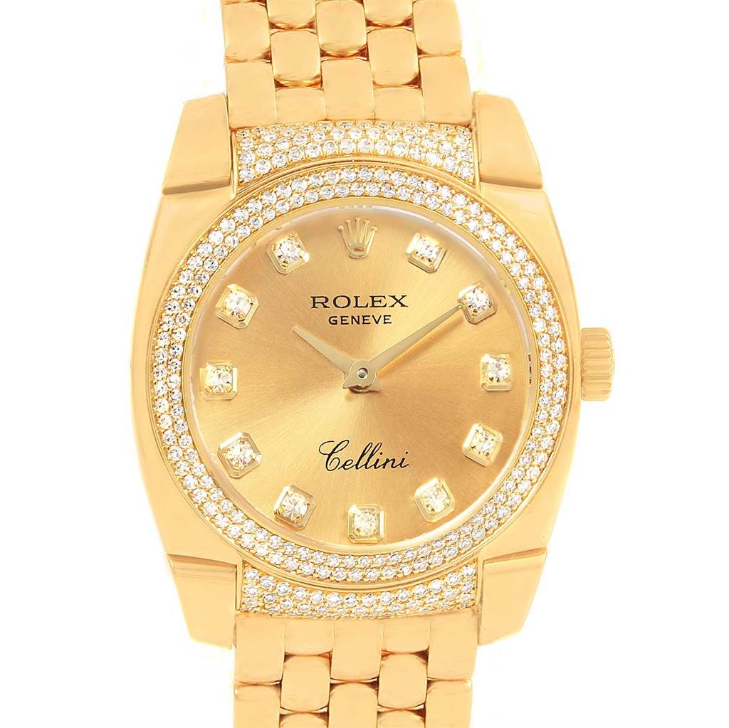 This image shows a front view of a gold Rolex Cellini 6311 Women's Yellow Gold Champagne Dial 6311 Women's Yellow Gold Champagne Dial watch, highlighting its dial, bezel, crown, and part of the bracelet.