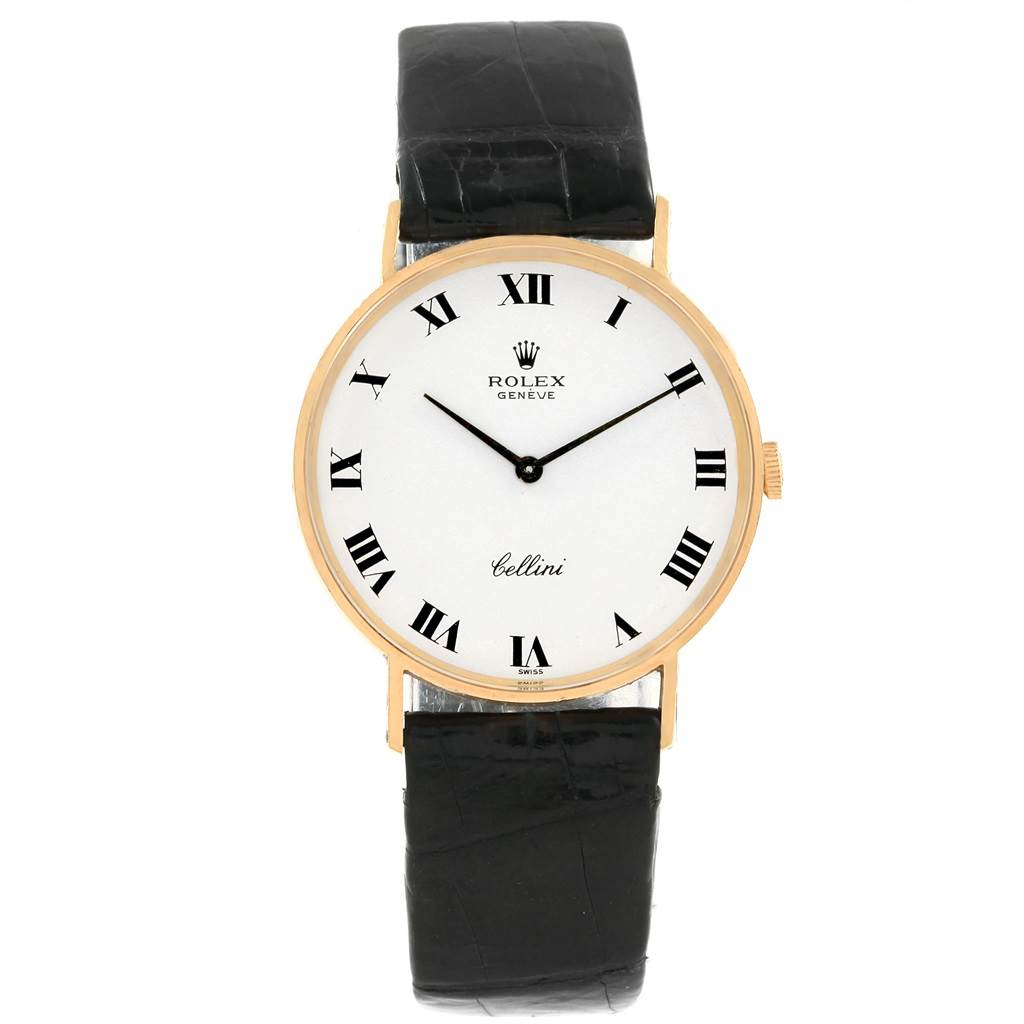 The image shows a front view of a Rolex Cellini 3833 Men's Yellow Gold White Dial 3833 Men's Yellow Gold White Dial watch featuring a white dial with black Roman numerals and a black leather strap.