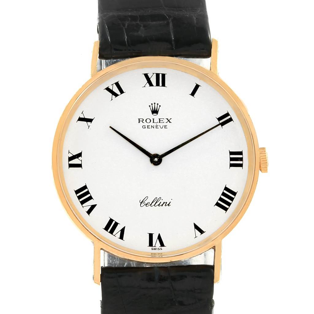 The image shows a front view of the Rolex Cellini 3833 Men's Yellow Gold White Dial 3833 Men's Yellow Gold White Dial watch, displaying its face, hour markers, hands, and part of the strap.