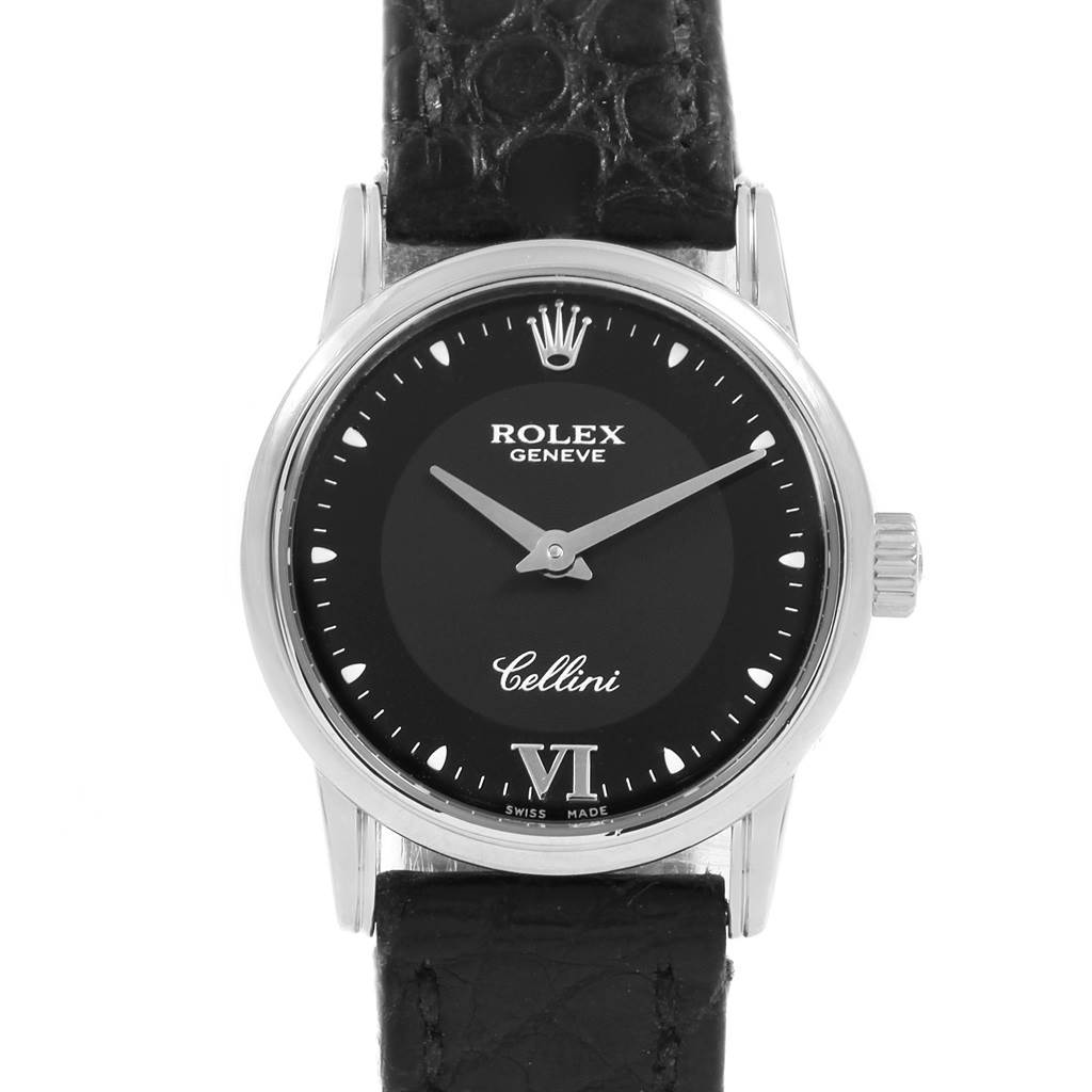 The image shows a front view of the Rolex Cellini 6111 Women's White Gold Black Dial 6111 Women's White Gold Black Dial watch, featuring the dial, crown, and leather strap.