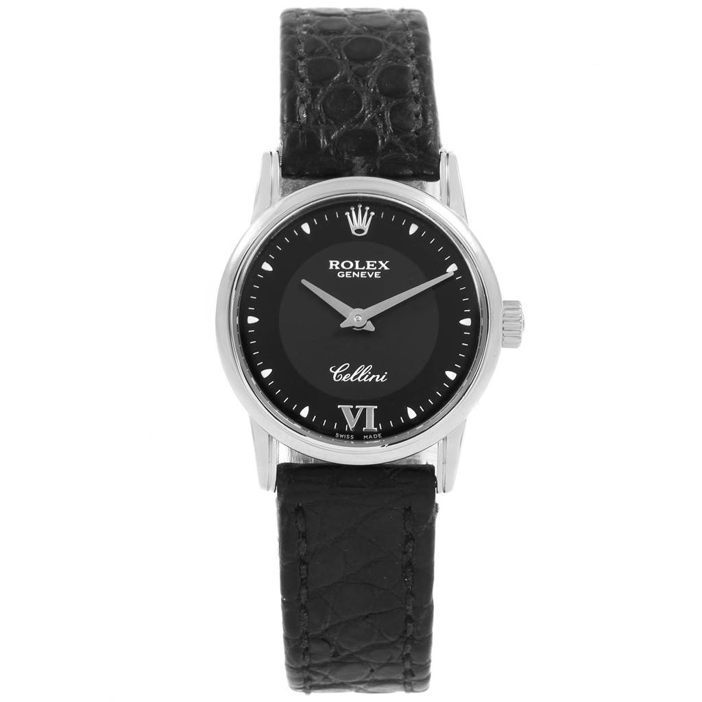 The image shows a front view of a Rolex Cellini 6111 Women's White Gold Black Dial 6111 Women's White Gold Black Dial watch, highlighting the dial, hands, and black leather strap.