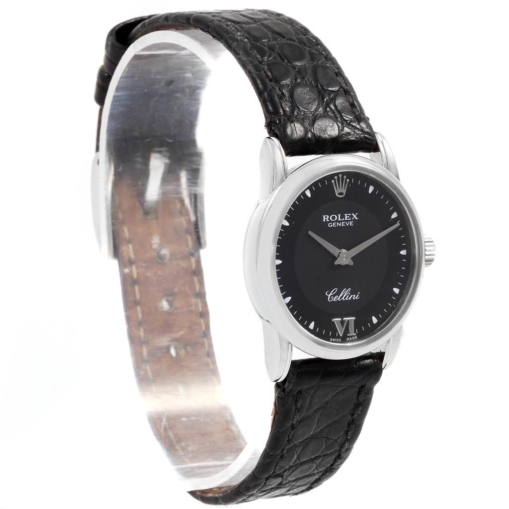 The Rolex Cellini 6111 Women's White Gold Black Dial 6111 Women's White Gold Black Dial watch is shown at a front angle, highlighting its black dial, leather strap, and silver case.