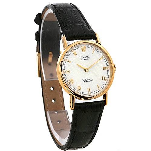 The image shows a Rolex Cellini 5109 Women's Yellow Gold Mother of Pearl Dial 5109 Women's Yellow Gold Mother of Pearl Dial model watch at a slight angle, displaying the dial, case, and leather strap.