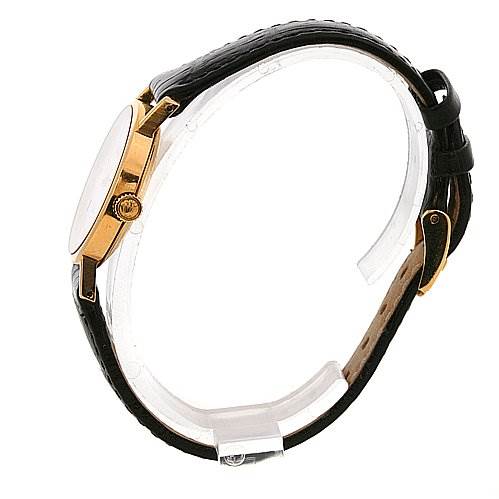 The image shows a Rolex Cellini 5109 Women's Yellow Gold Mother of Pearl Dial 5109 Women's Yellow Gold Mother of Pearl Dial watch from a side angle, highlighting the gold case, crown, and black leather strap.