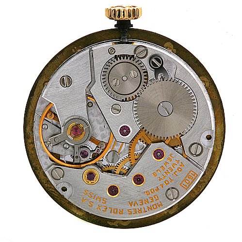 This image shows an exposed internal view of the Rolex Cellini 5109 Women's Yellow Gold Mother of Pearl Dial 5109 Women's Yellow Gold Mother of Pearl Dial watch movement.