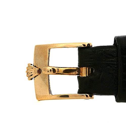 This image shows the buckle and part of the leather strap of a Rolex Cellini 5109 Women's Yellow Gold Mother of Pearl Dial 5109 Women's Yellow Gold Mother of Pearl Dial watch, viewed from the buckle's front side.