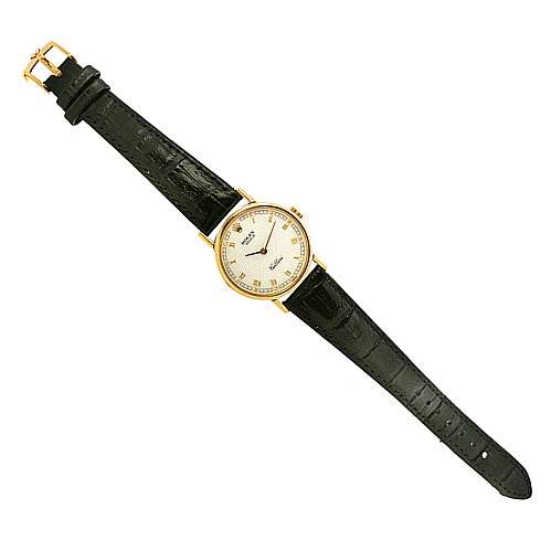 The image shows a Rolex Cellini 5109 Women's Yellow Gold Mother of Pearl Dial 5109 Women's Yellow Gold Mother of Pearl Dial watch from a top-down angle, highlighting its round face, leather strap, and gold buckle.