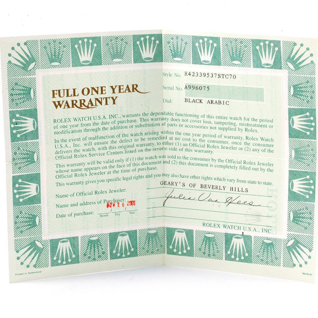 This image shows the warranty certificate for a Rolex Cellini 4233 Women's White Gold Black Dial 4233 Women's White Gold Black Dial watch, including model and serial numbers, and warranty details.