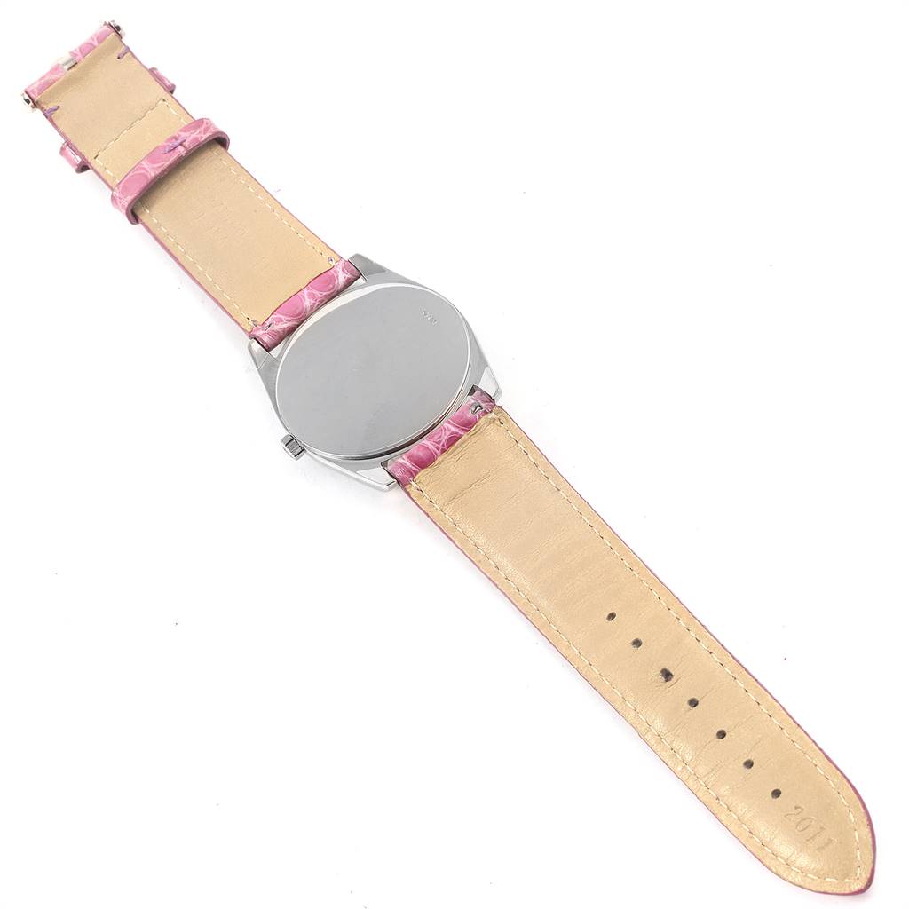 The image shows the back view of a Rolex Cellini 4233 Women's White Gold Black Dial 4233 Women's White Gold Black Dial watch, displaying its case back and leather straps.